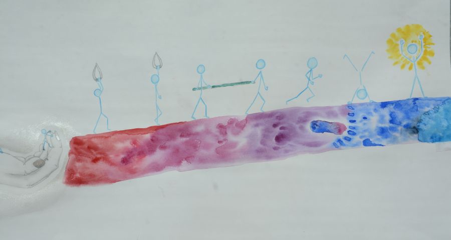 Ein gezeichnetes Bild von einem Schüler. Von einer mit Bleistift gezeichneten Hand laufen Strichmännchen einen bunten, getuschten Weg entlang, bis das letzte Männchen in Siegerpose in einem Kranz aus Licht steht.