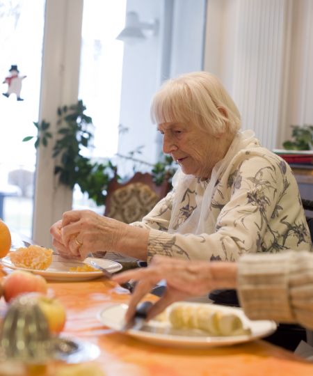 ältere Dame beim Zubereiten eines Obsttellers
