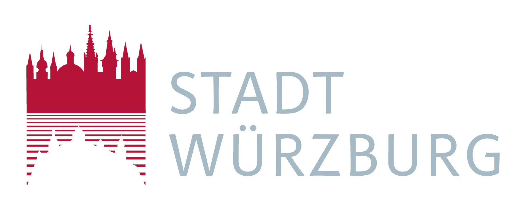 Logo der Stadt Würzburg, markante Umrisse verschiedener Kirchen und der Residenz, daneben der Schriftzug Stadt Würzburg
